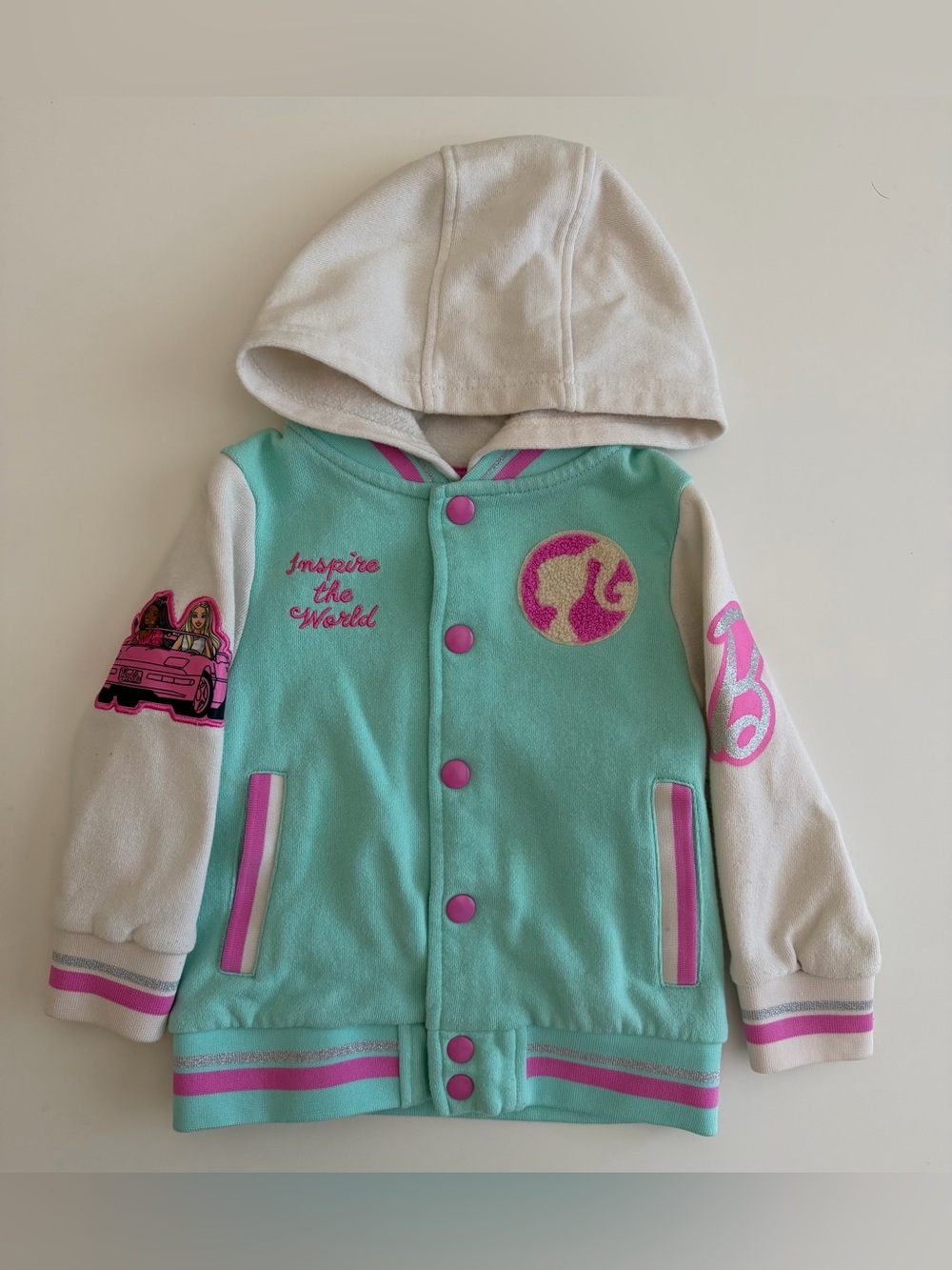 Barbie Girls' 3T Hooded Varsity Jacket, Pink, Mint, White